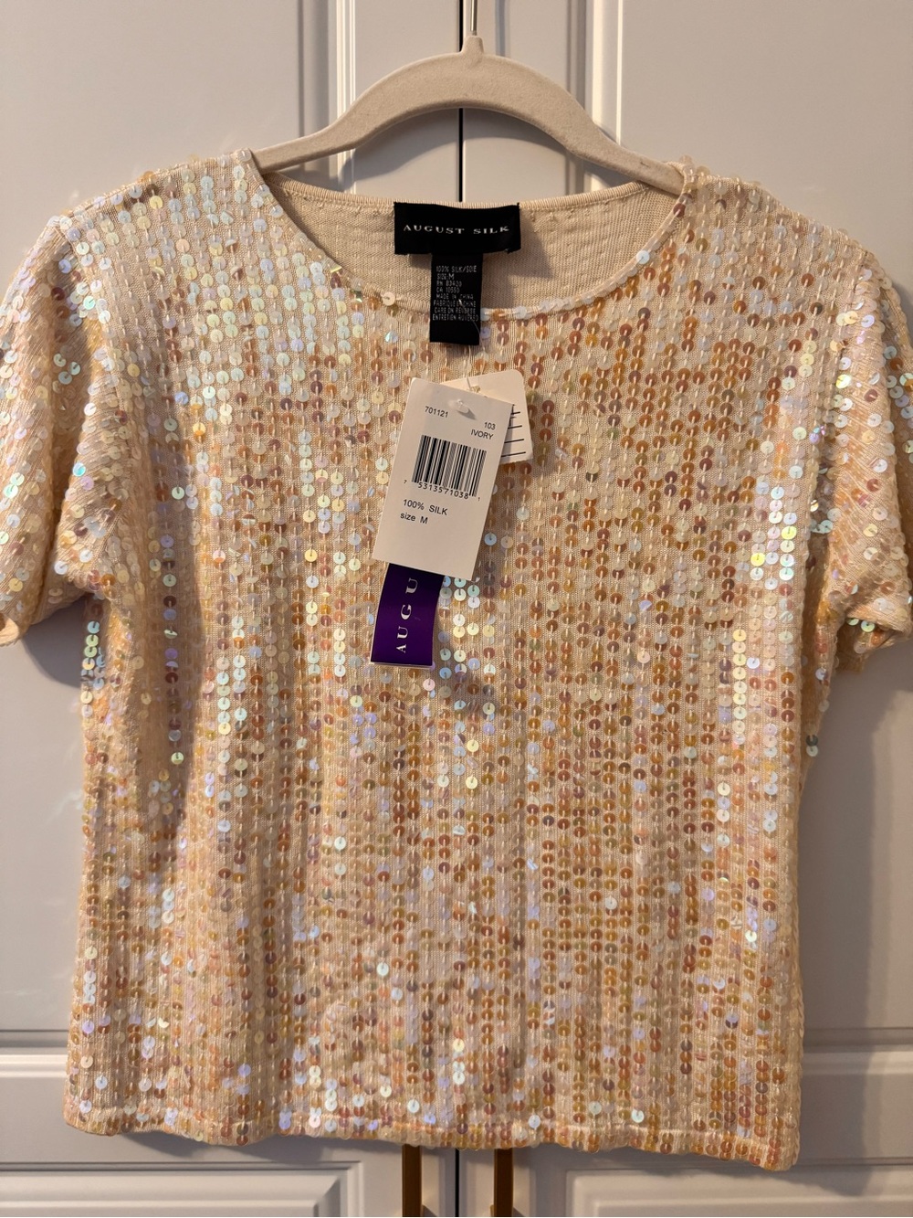 NWT august silk Iridescent Cream Sequin Short Sleeve Top